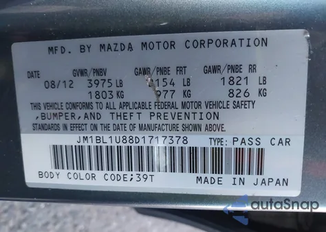 2013 Mazda Mazda3 I Sport from USA, damaged, VIN JM1BL1U88D1717378